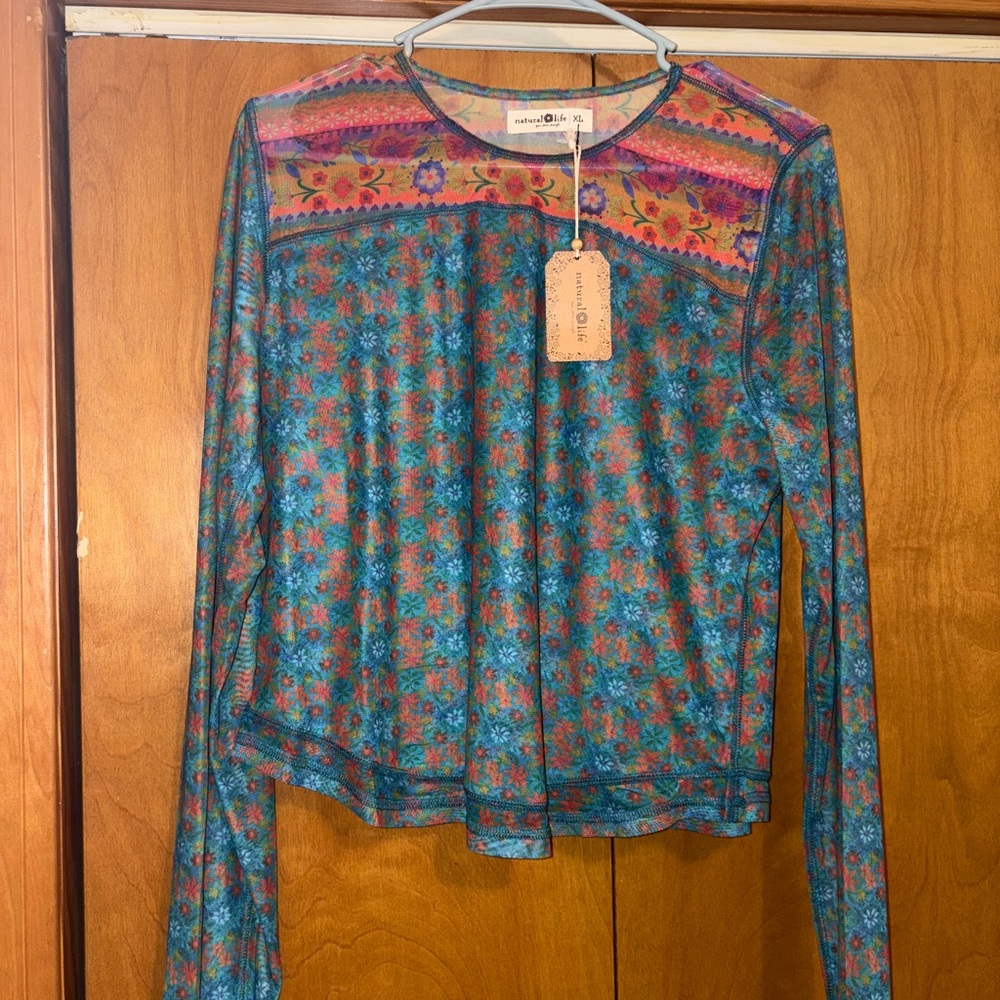 NATURAL LIFE Floral Long Sleeve Blouse - Blue and Pink